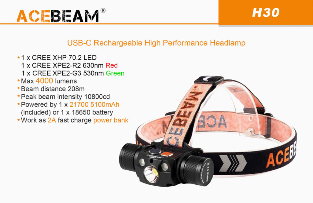 Acebeam H30 Kraftfull strålkastare med uppladdningsbart batteri